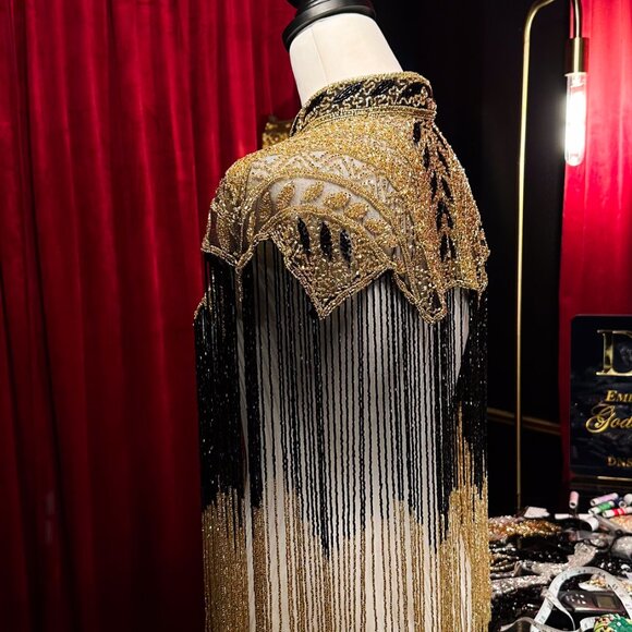 Black Gold Beaded Fringe Cape, Sequin Festival Bolero, Luxury Embellished Shawl - Picture 5 of 12
